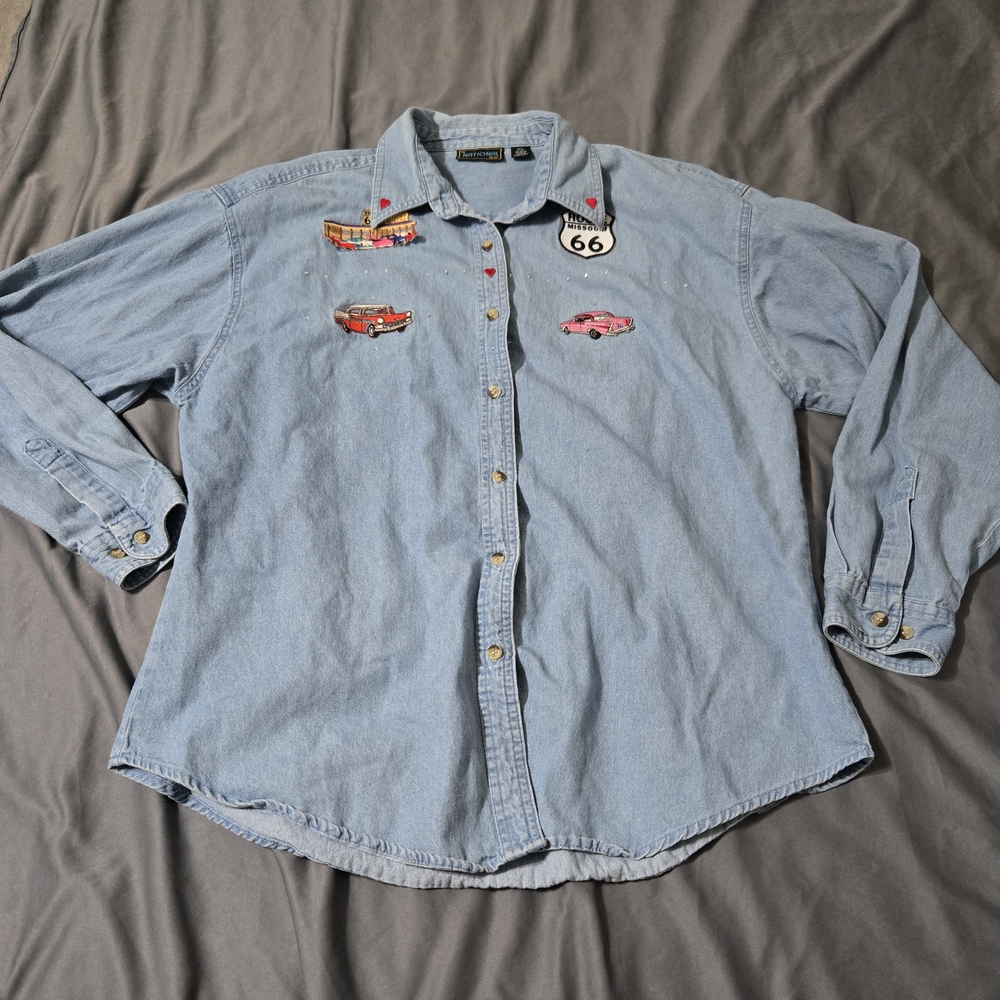 The National AG Inc Denim Long Sleeves Blouse Size XL Route 66 Patches Hot Rods